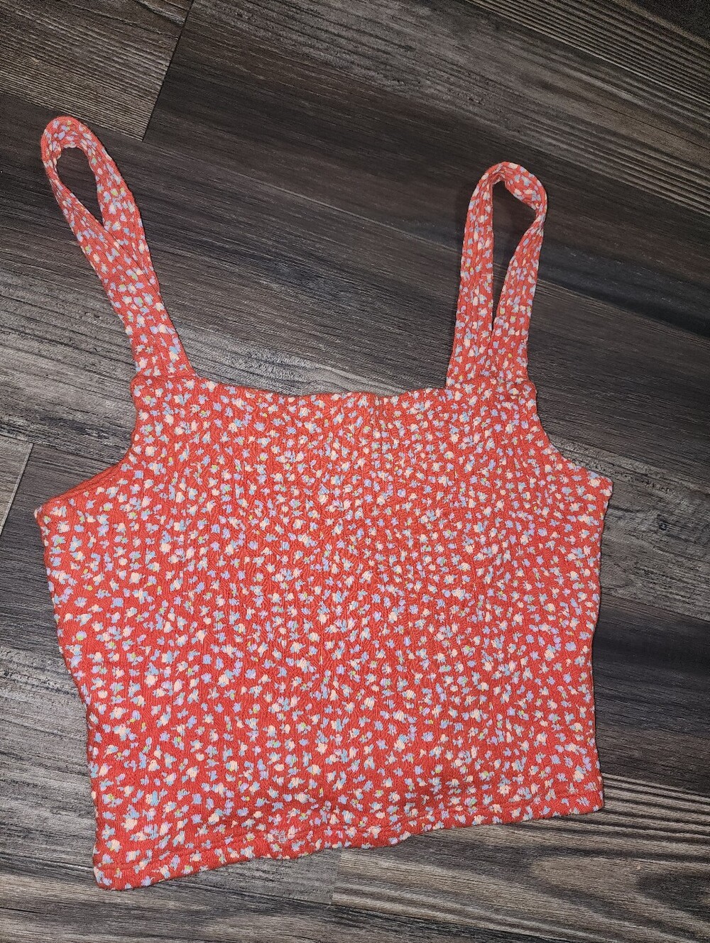 American Eagle Cropped Ribbed Tank Top Small Orange Floral Knit Boho Festival